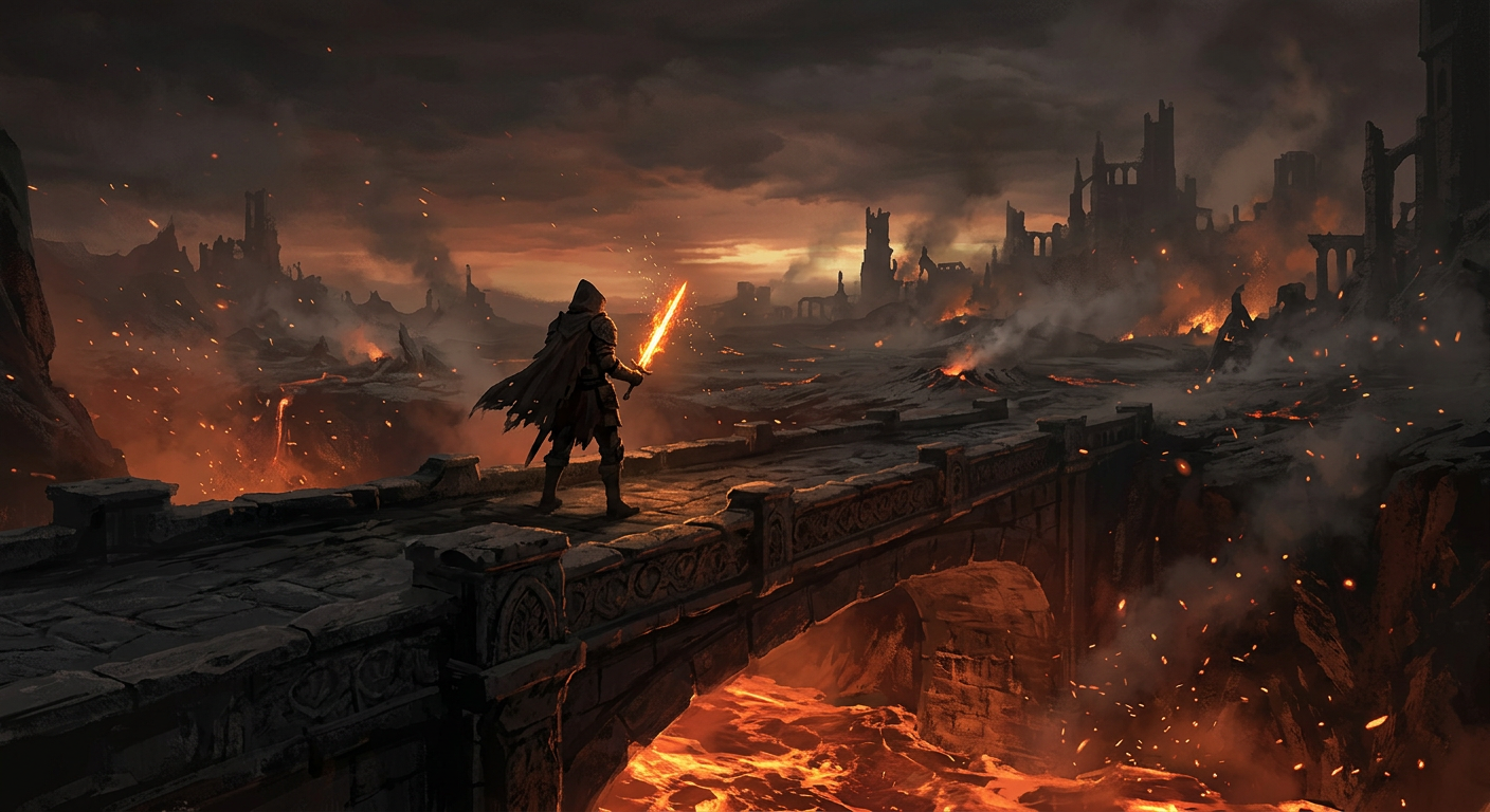 A lone adventurer on a bridge over a lava ditch, looking north into the Wilds